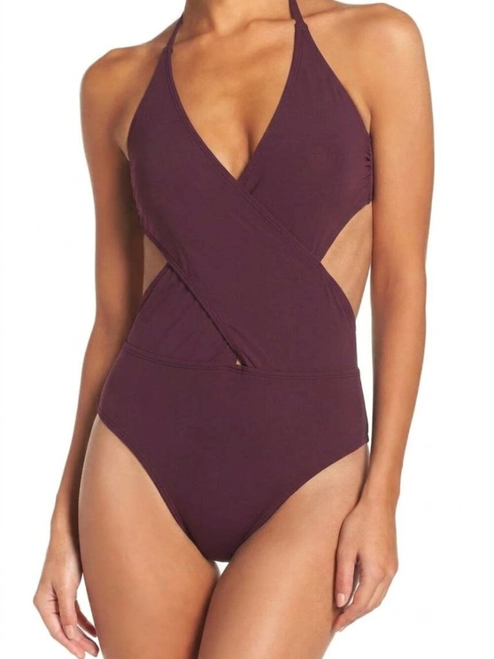 TORY BURCH Wrap Front One Piece Swimsuit Maroon Size L Large